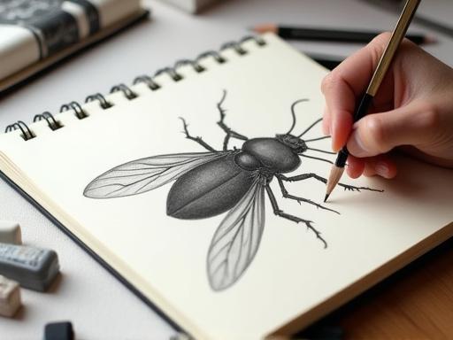 Un taccuino aperto con disegni anatomici di un insetto a matita.