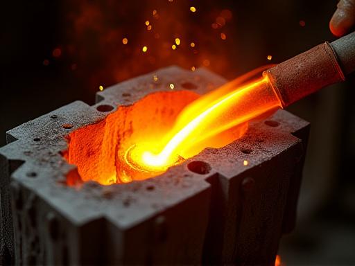 Metallo fuso incandescente viene versato in uno stampo di gesso.